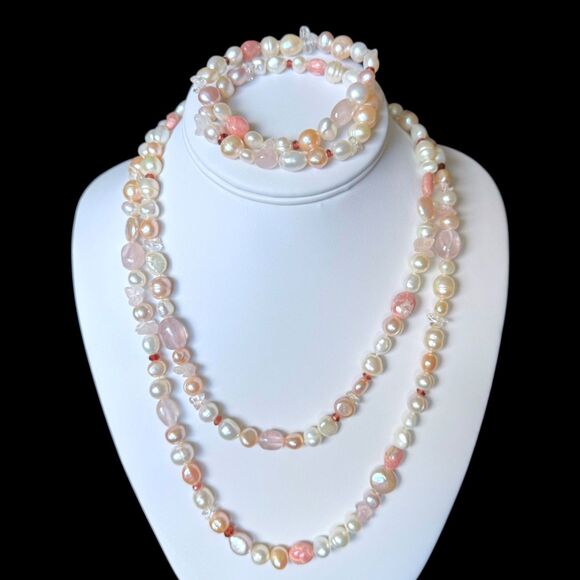 Vintage Honora 40" Pearl & Gemstone Necklace & Bracelet Set Pink Rhodochrosite - Picture 7 of 16